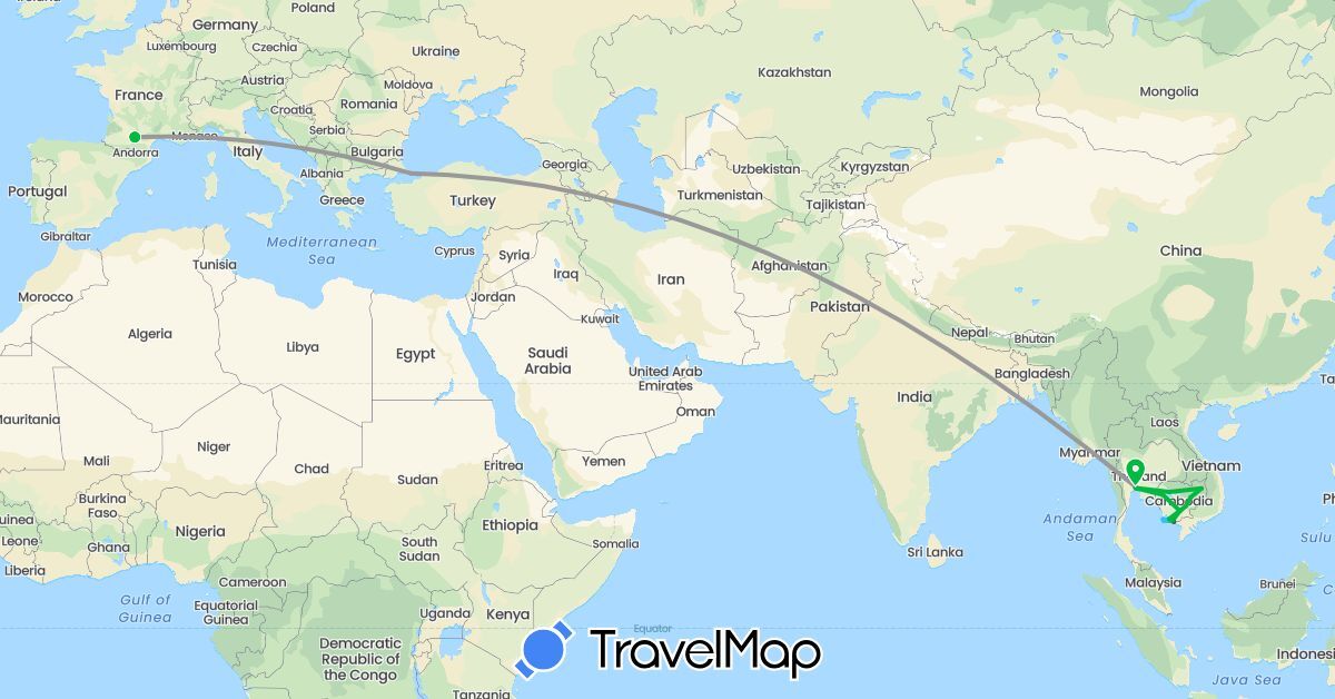 TravelMap itinerary: bus, plane, train, boat, motorbike in France, Cambodia, Thailand, Turkey (Asia, Europe)