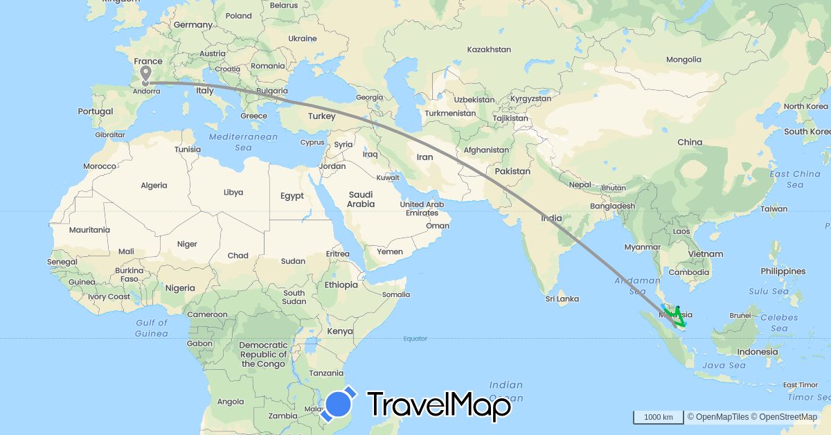 TravelMap itinerary: driving, bus, plane, boat in France, Malaysia, Turkey (Asia, Europe)